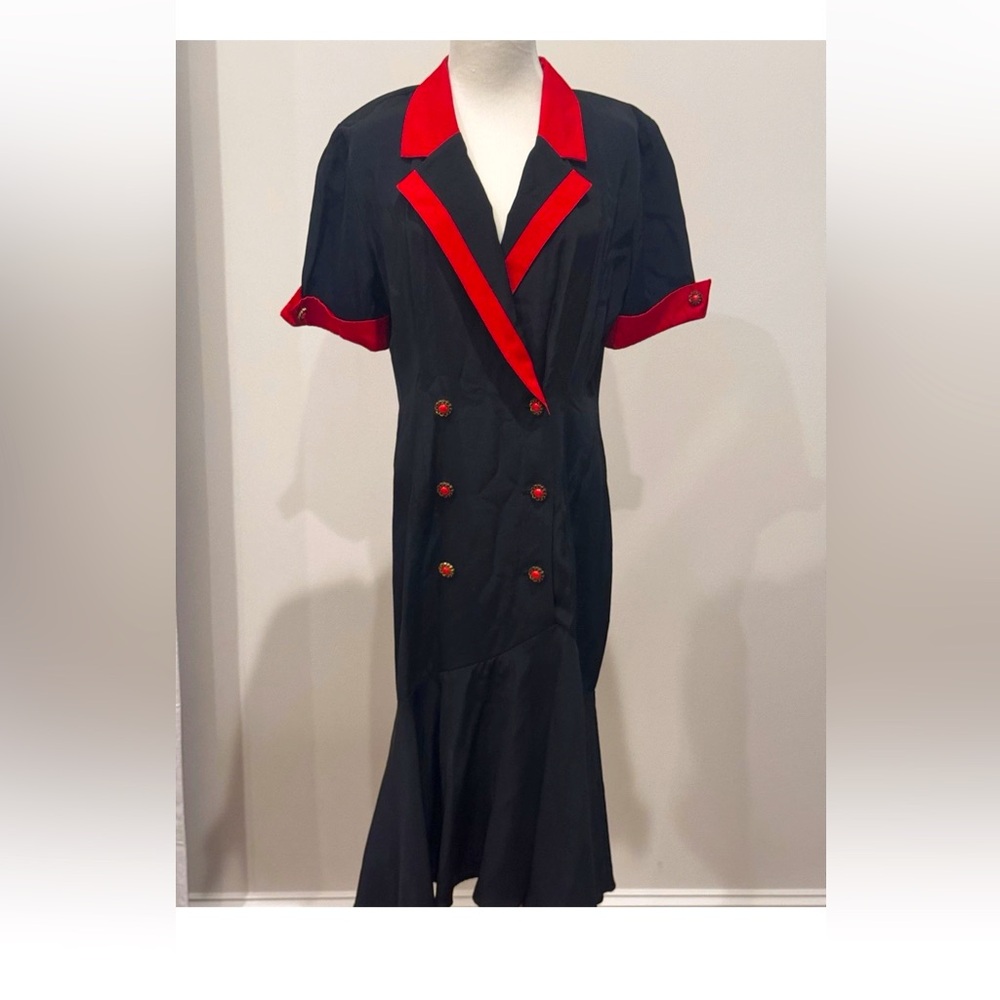 Vtg Gaccina Black Red Dress Sz 11/12 secretary Y2K nautical button collar 80s